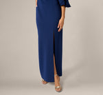 Sculpted Bell Sleeve Column Gown In Navy Sateen 4