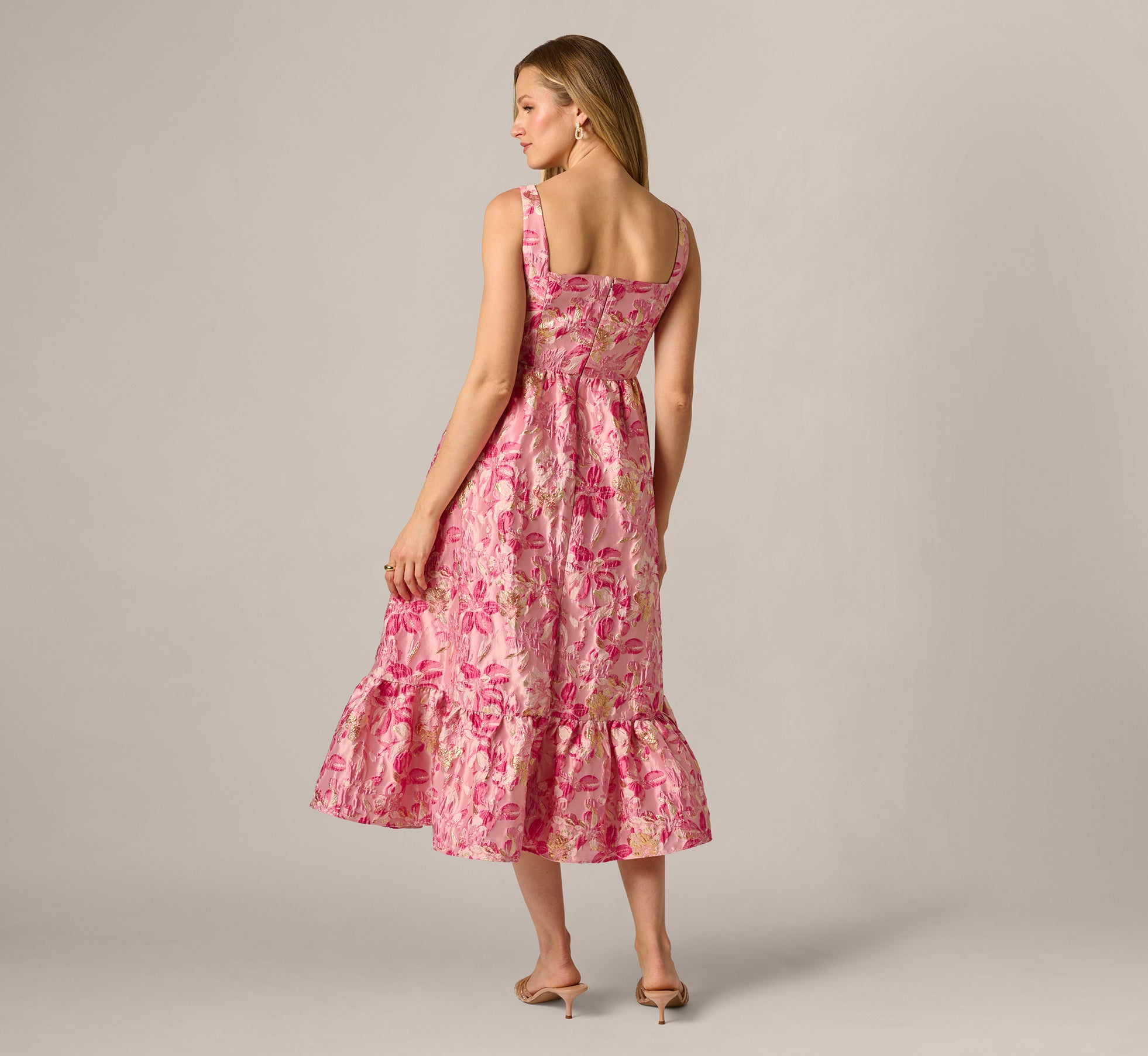 Multi Colored Metallic Floral Jacquard Ruffle Midi Dress - Adrianna Papell Multi Colored Metallic Floral Jacquard Ruffle Midi Dress - Adrianna Papell