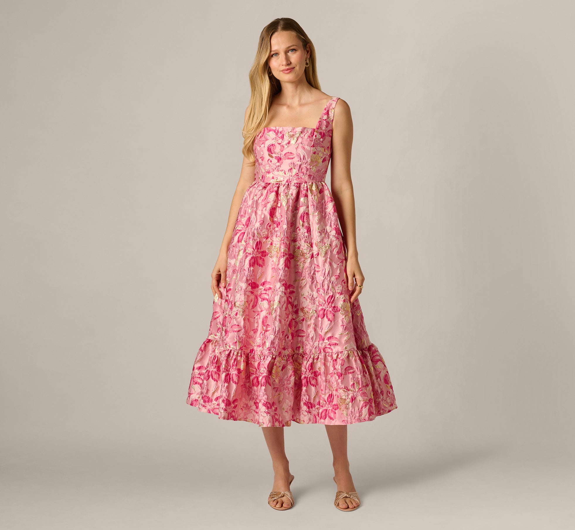 Metallic Floral Jacquard Ruffle Midi Dress In Pink Multi