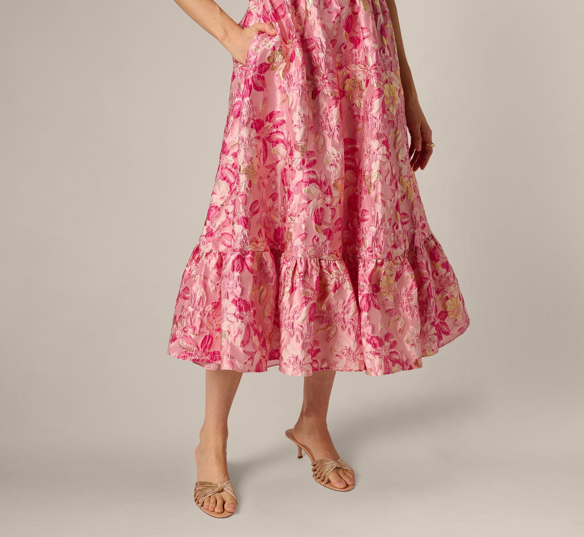Multi Colored Metallic Floral Jacquard Ruffle Midi Dress - Adrianna Papell Multi Colored Metallic Floral Jacquard Ruffle Midi Dress - Adrianna Papell