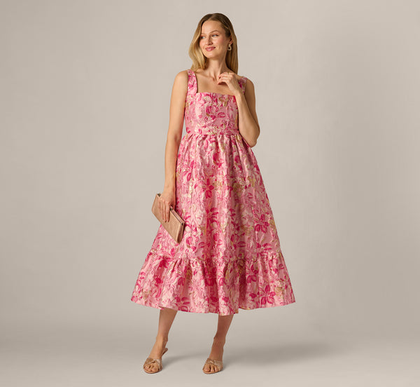 Metallic Floral Jacquard Ruffle Midi Dress In Pink Multi
