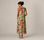 Draped Floral Chiffon Halter Trapeze Gown In Lime Multi 5