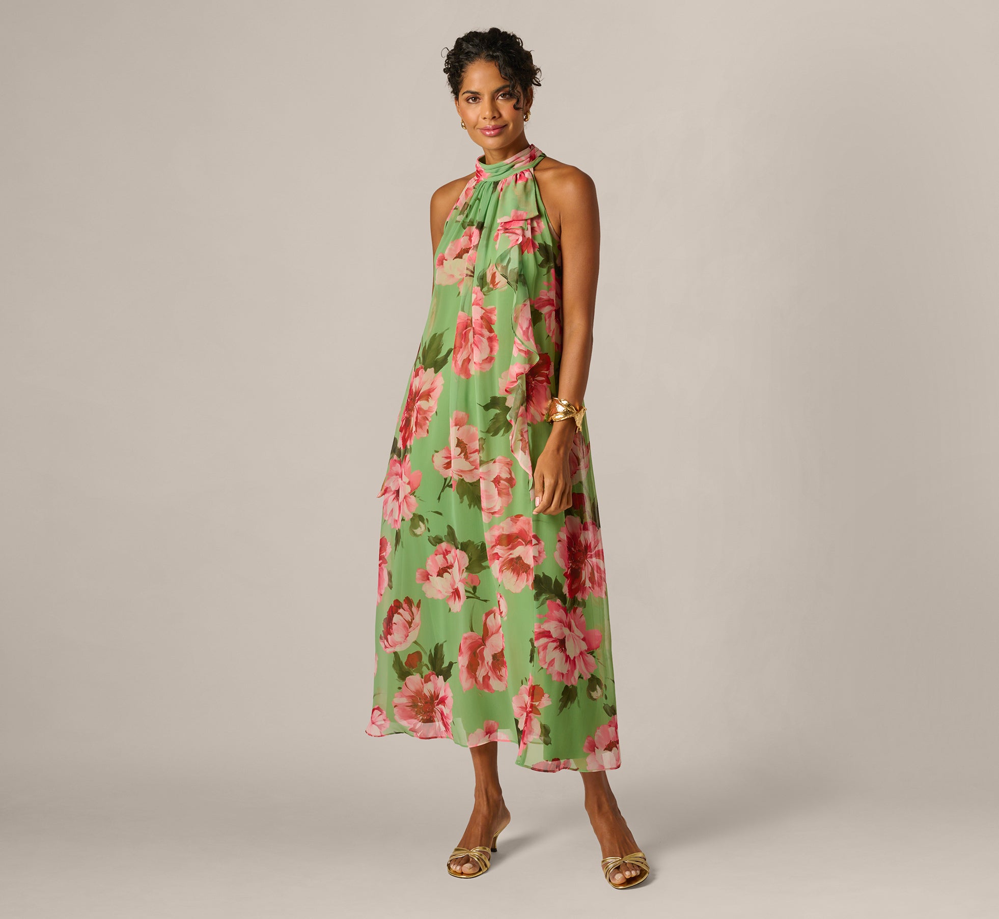 Adrianna Papell Draped Floral Chiffon Halter Gown - Lime Multi Adrianna Papell Draped Floral Chiffon Halter Gown - Lime Multi