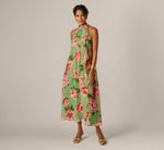 Draped Floral Chiffon Halter Trapeze Gown In Lime Multi 2