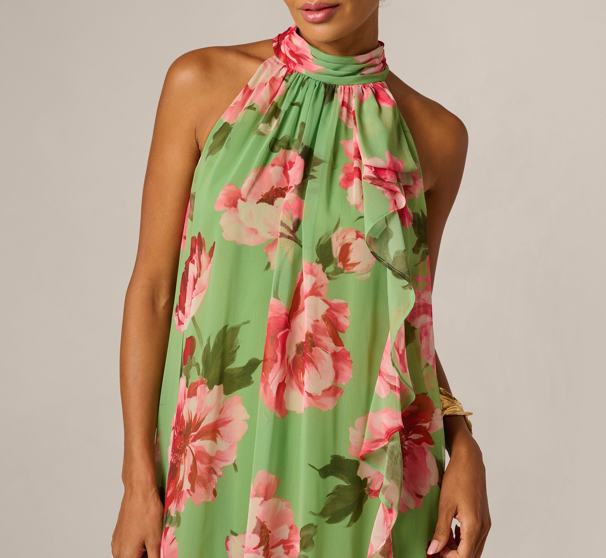 Draped Floral Chiffon Halter Trapeze Gown In Lime Multi