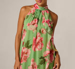 Draped Floral Chiffon Halter Trapeze Gown In Lime Multi 3
