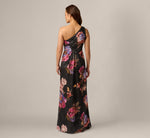 One Shoulder Knot Waist Floral Chiffon Gown In Black Multi 5
