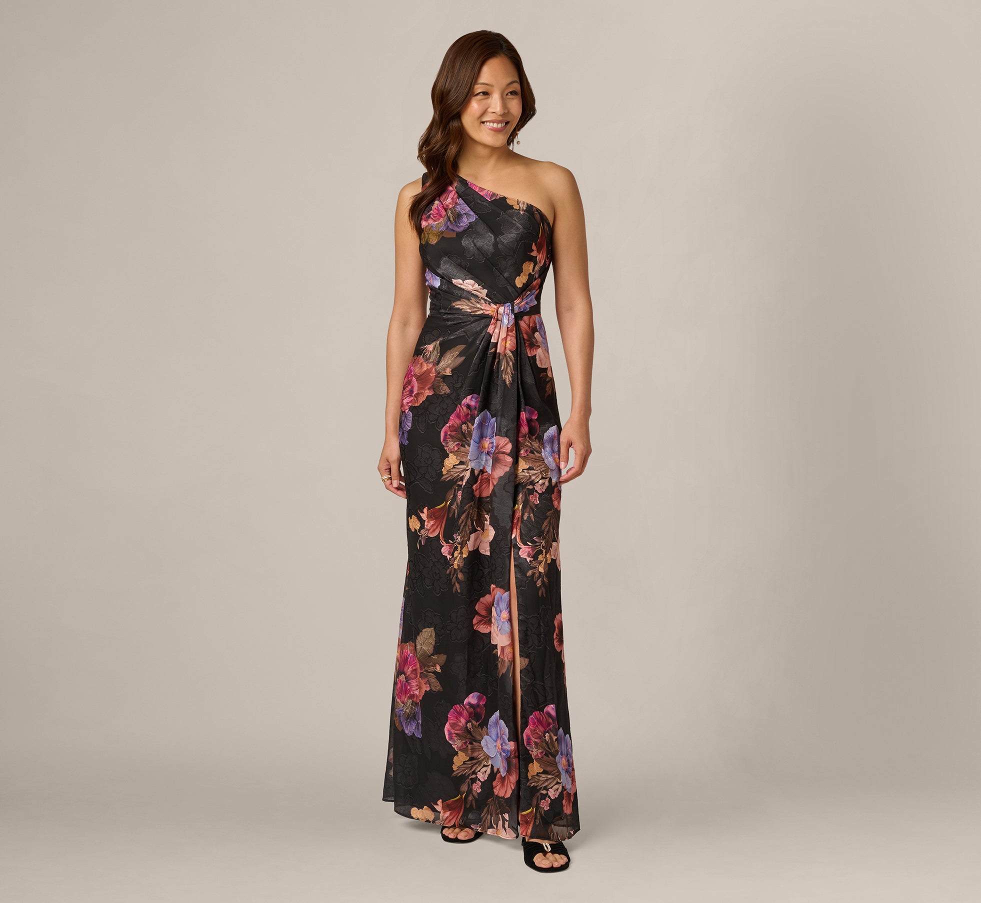 Black One Shoulder Knot Waist Floral Chiffon Gown