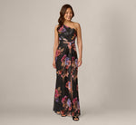 One Shoulder Knot Waist Floral Chiffon Gown In Black Multi 2