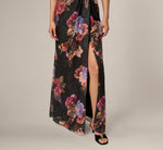 One Shoulder Knot Waist Floral Chiffon Gown In Black Multi 3