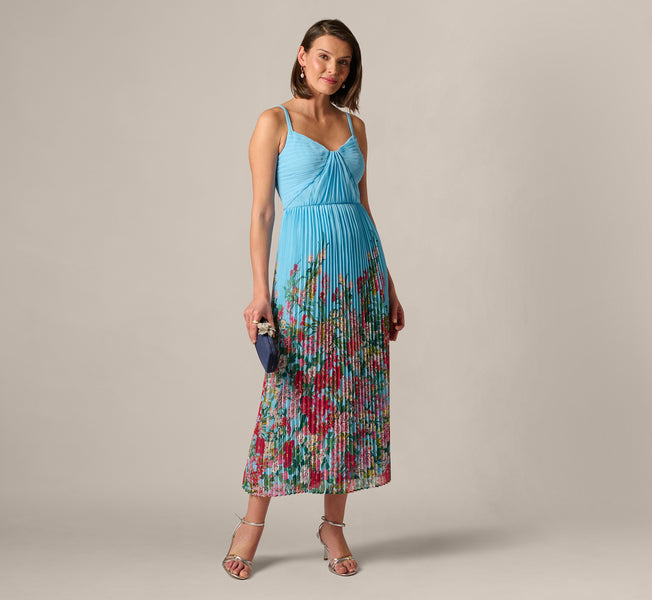 Pleated Wildflower Border Midi Dress In Light Blue Multi