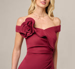 Off Shoulder Rosette Stretch Mermaid Gown In Crimson Haze 3