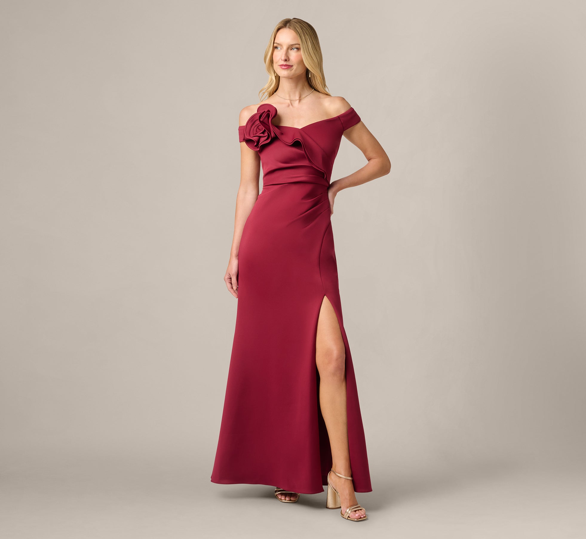 Off Shoulder Rosette Stretch Mermaid Gown In Crimson Haze 1