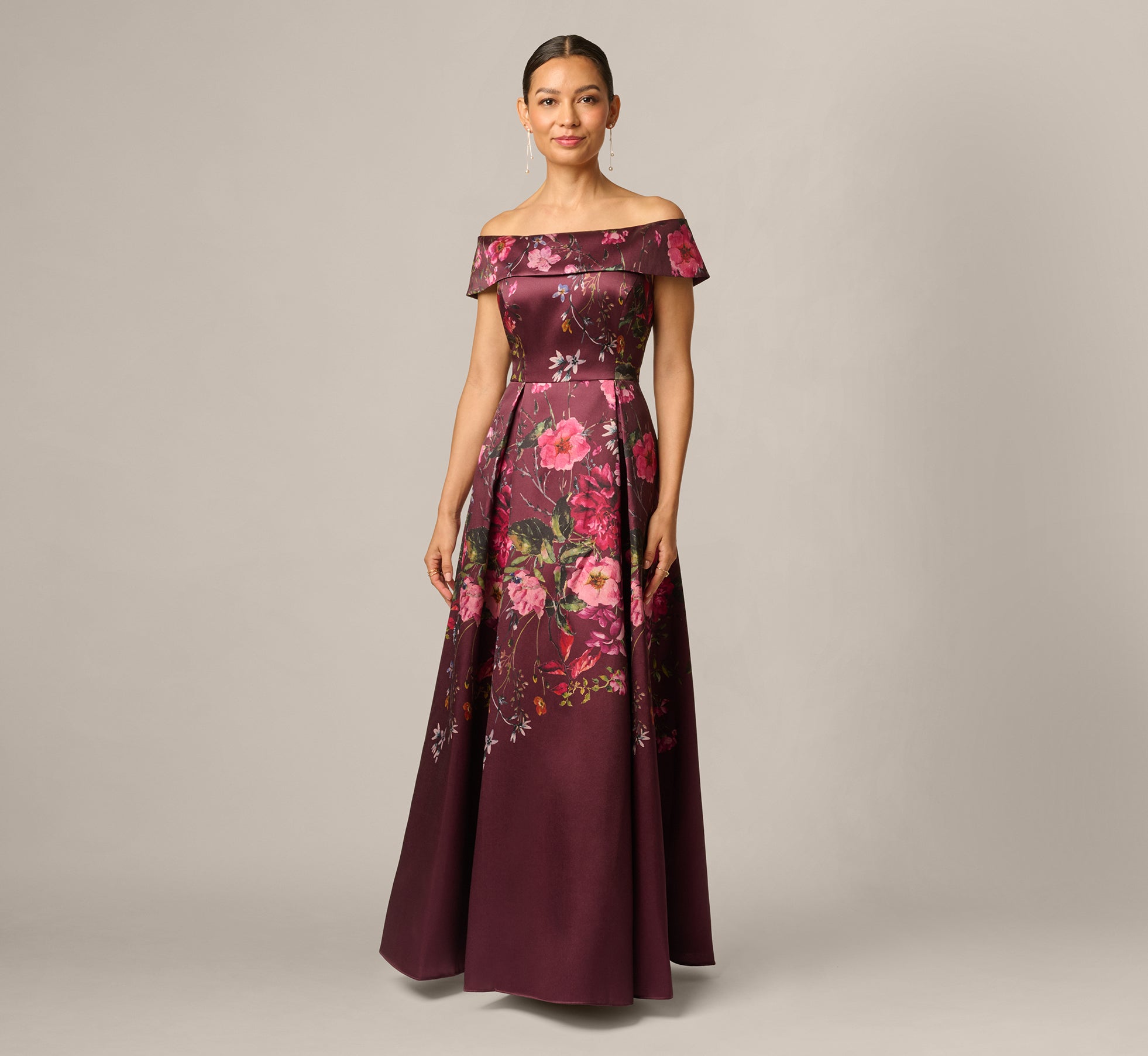 Petite Off Shoulder Garden Floral Mikado Ballgown In Burgundy Multi, Burgundy Multi / Petite / 6