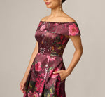 Petite Off Shoulder Garden Floral Mikado Ballgown In Burgundy Multi 3