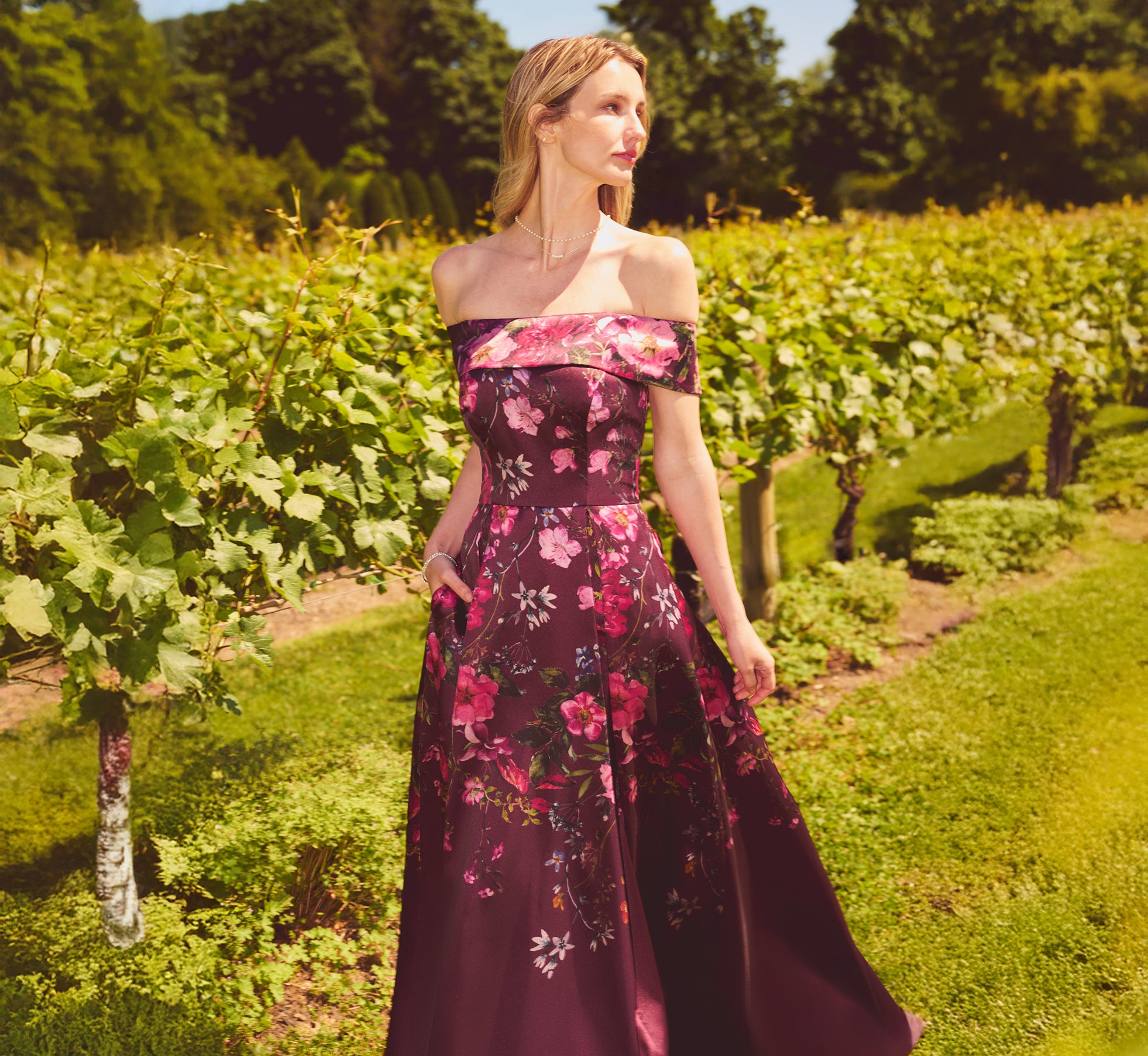 Off Shoulder Garden Floral Mikado Ballgown In Burgundy Multi 1