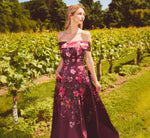 Off Shoulder Garden Floral Mikado Ballgown In Burgundy Multi 1