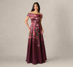 Off Shoulder Garden Floral Mikado Ballgown In Burgundy Multi 3