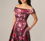 Off Shoulder Garden Floral Mikado Ballgown In Burgundy Multi 4
