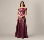 Off Shoulder Garden Floral Mikado Ballgown In Burgundy Multi 2