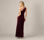 One Shoulder Stretch Velvet Twist Knot Draped Gown In Bordeaux 5