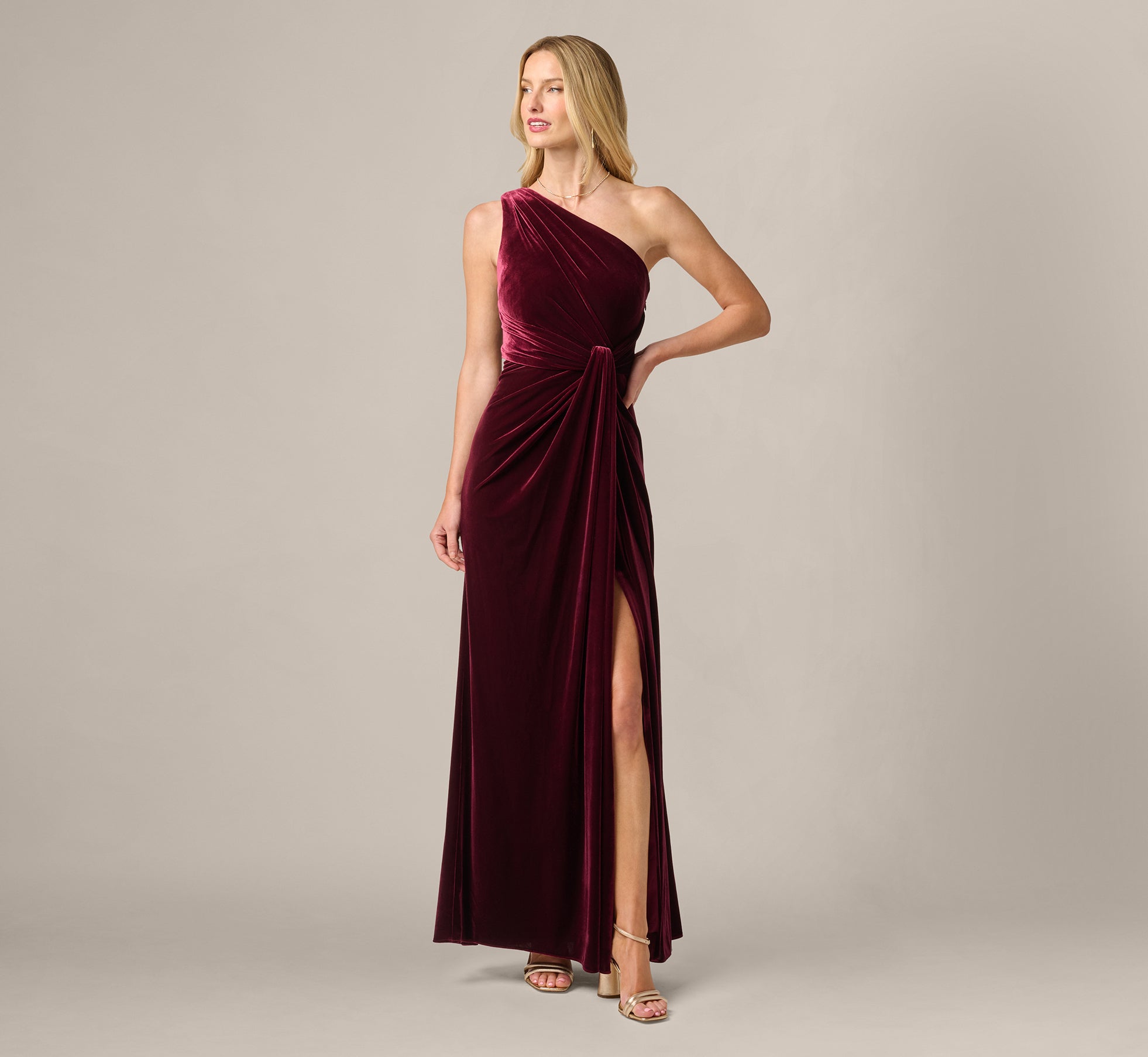 【ANDRESD】 drape velour dress S Red One Shoulder Stretch Velvet Twist Knot Draped Gown - Adrianna