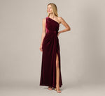 One Shoulder Stretch Velvet Twist Knot Draped Gown In Bordeaux 2