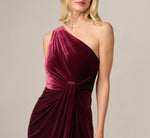 One Shoulder Stretch Velvet Twist Knot Draped Gown In Bordeaux 3