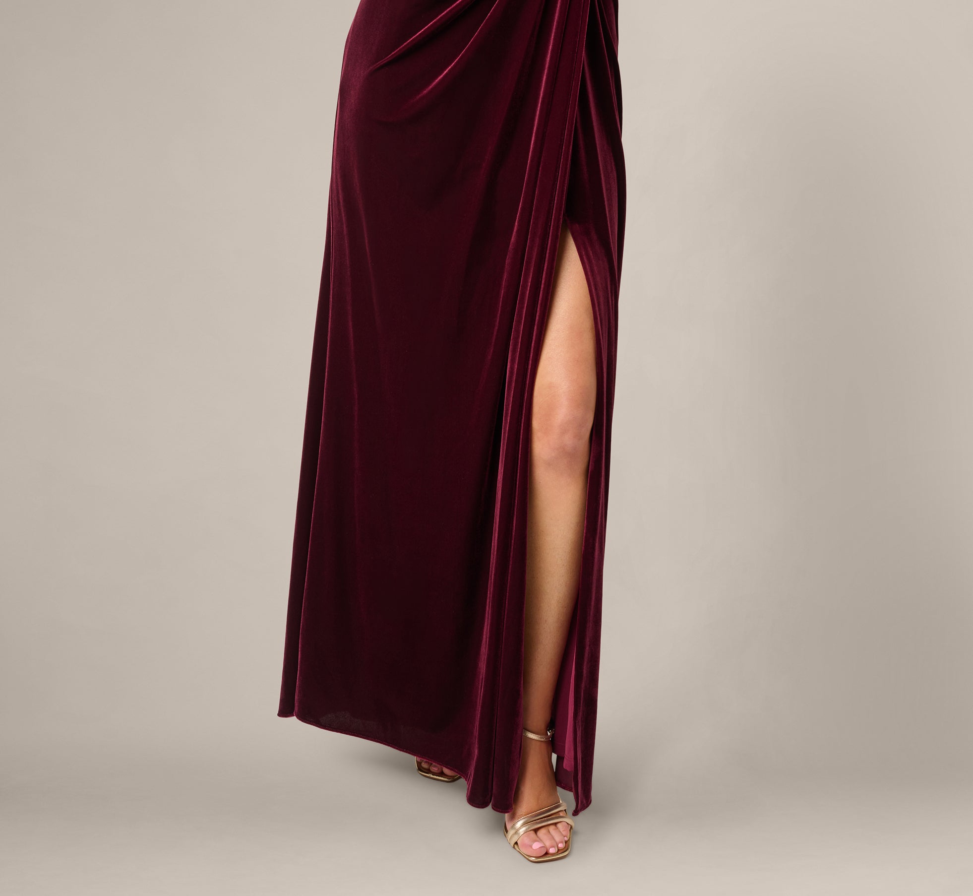 Red One Shoulder Stretch Velvet Twist Knot Draped Gown - Adrianna