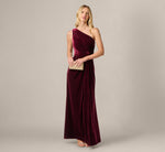One Shoulder Stretch Velvet Twist Knot Draped Gown In Bordeaux 1