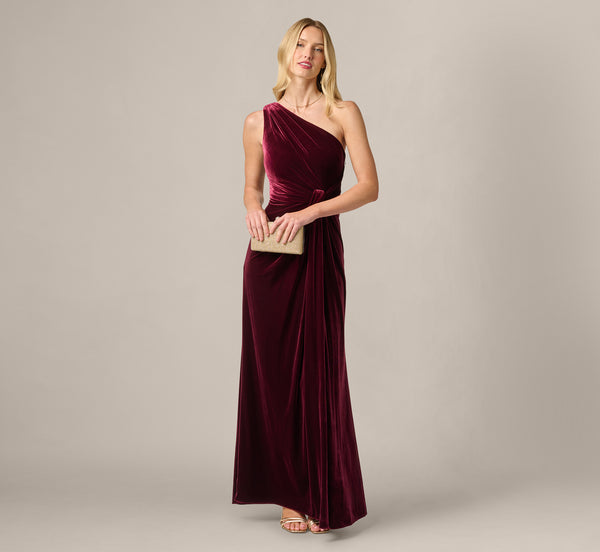 Red One Shoulder Stretch Velvet Twist Knot Draped Gown - Adrianna