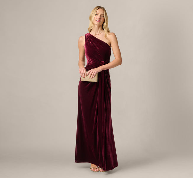 Red One Shoulder Stretch Velvet Twist Knot Draped Gown - Adrianna