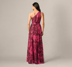 One Shoulder Twist Floral Tulle Gown In Burgundy Multi 5