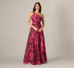 One Shoulder Twist Floral Tulle Gown In Burgundy Multi 2