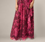 One Shoulder Twist Floral Tulle Gown In Burgundy Multi 4