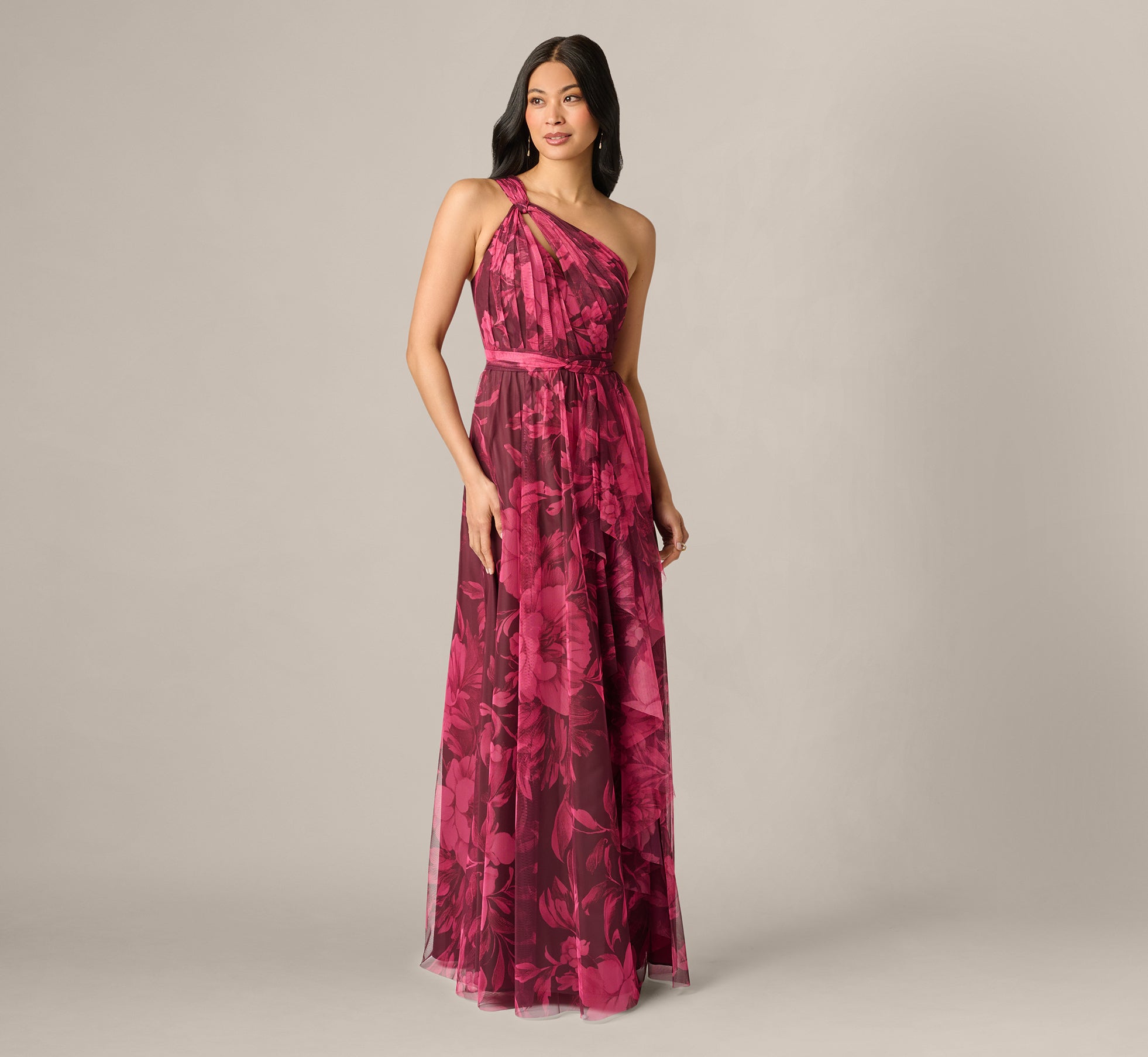 One Shoulder Twist Floral Tulle Gown In Burgundy Multi 1