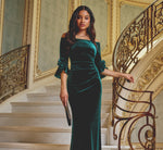 Bell Sleeve Off Shoulder Stretch Velvet Rosette Gown In Hunter 1