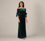 Bell Sleeve Off Shoulder Stretch Velvet Rosette Gown In Hunter 2