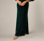 Bell Sleeve Off Shoulder Stretch Velvet Rosette Gown In Hunter 4