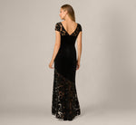 Cap Sleeve Floral Burnout Stretch Velvet Illusion Gown In Black 5