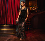 Cap Sleeve Floral Burnout Stretch Velvet Illusion Gown In Black 1