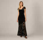 Cap Sleeve Floral Burnout Stretch Velvet Illusion Gown In Black 2
