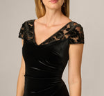 Cap Sleeve Floral Burnout Stretch Velvet Illusion Gown In Black 3