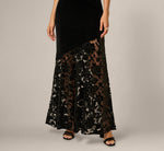 Cap Sleeve Floral Burnout Stretch Velvet Illusion Gown In Black 4