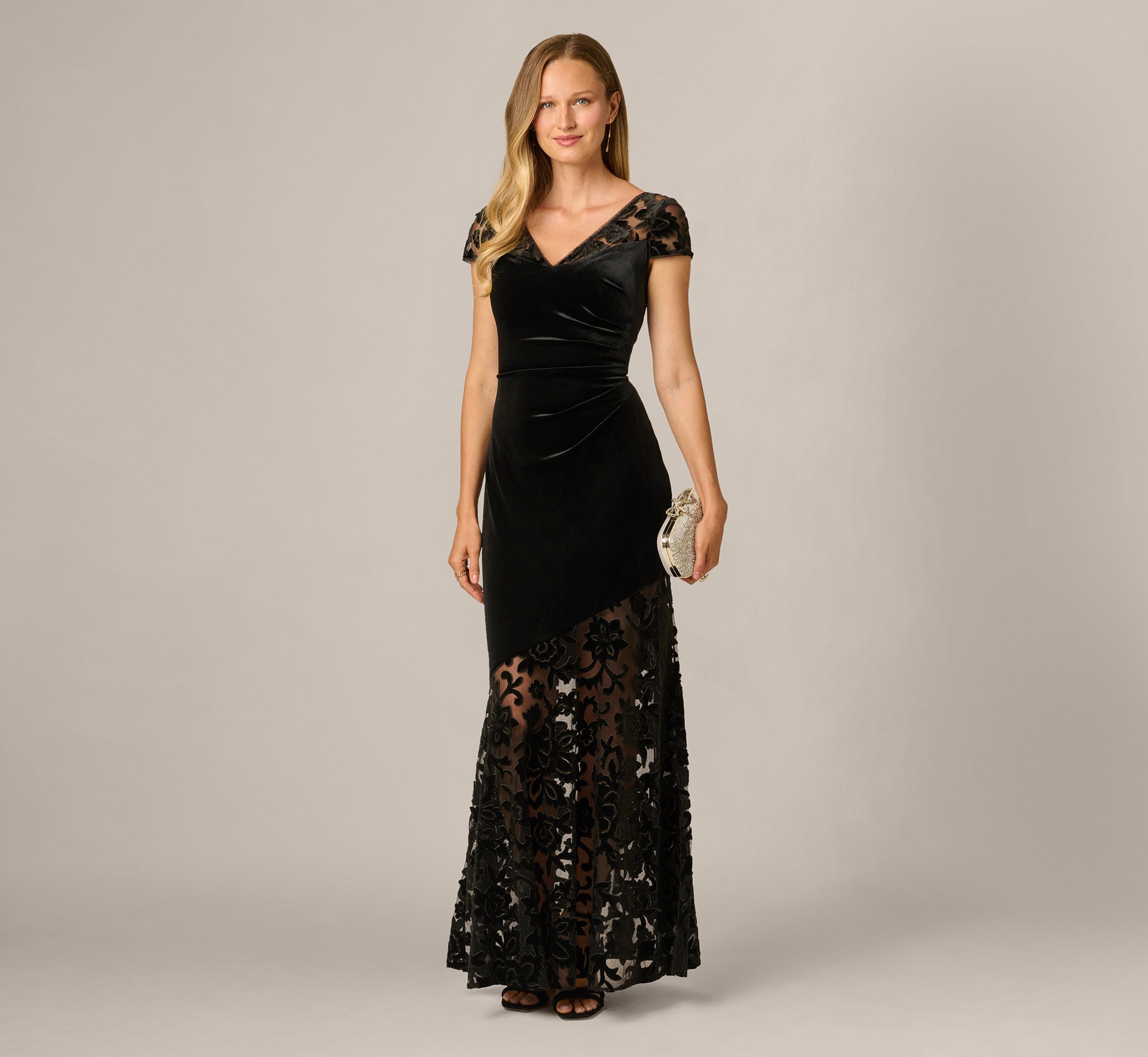 Cap Sleeve Floral Burnout Stretch Velvet Illusion Gown In Black 1