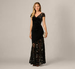 Cap Sleeve Floral Burnout Stretch Velvet Illusion Gown In Black 1