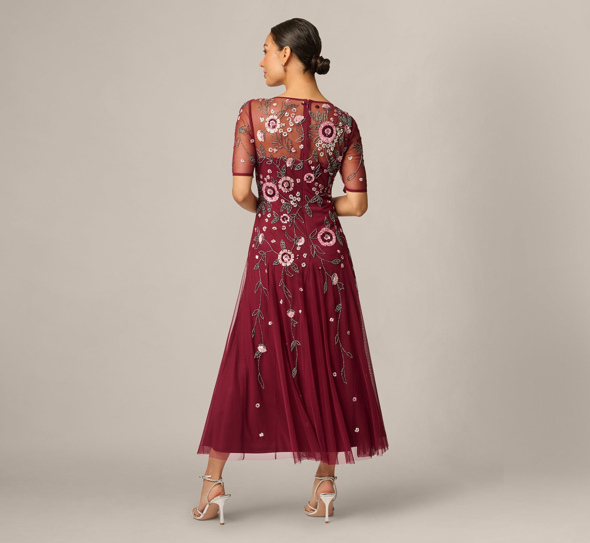 Red Petite Short Sleeve Floral Beaded Sequin Ankle Length Dress ...