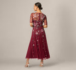 Petite Short Sleeve Floral Beaded Sequin Ankle Length Dress In Mahogany 5