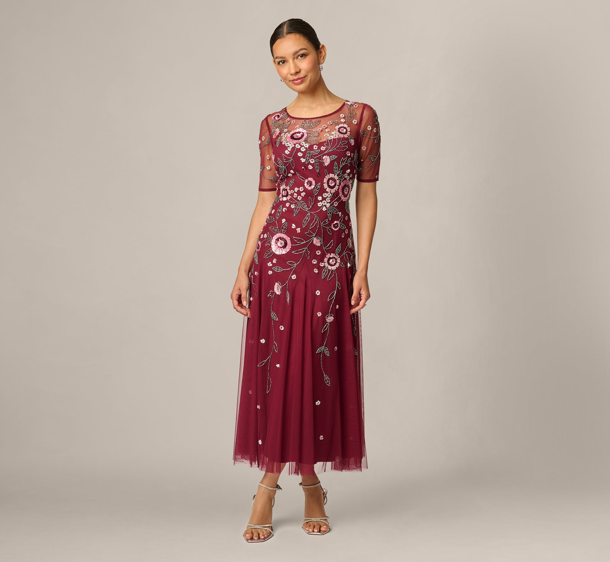 Petite Short Sleeve Floral Beaded Sequin Ankle Length Dress In Mahogany, Mahogany / Petite / 6