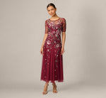 Petite Short Sleeve Floral Beaded Sequin Ankle Length Dress In Mahogany 2
